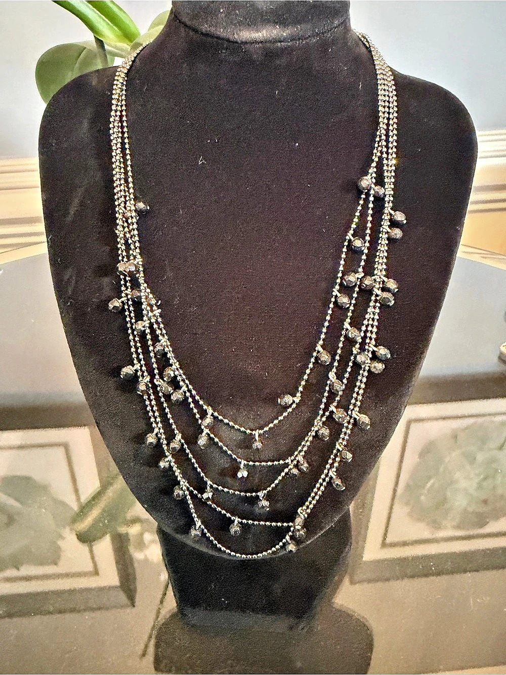Premier Designs Layered Beaded Statement Necklace in Black & smoky Silver-tone